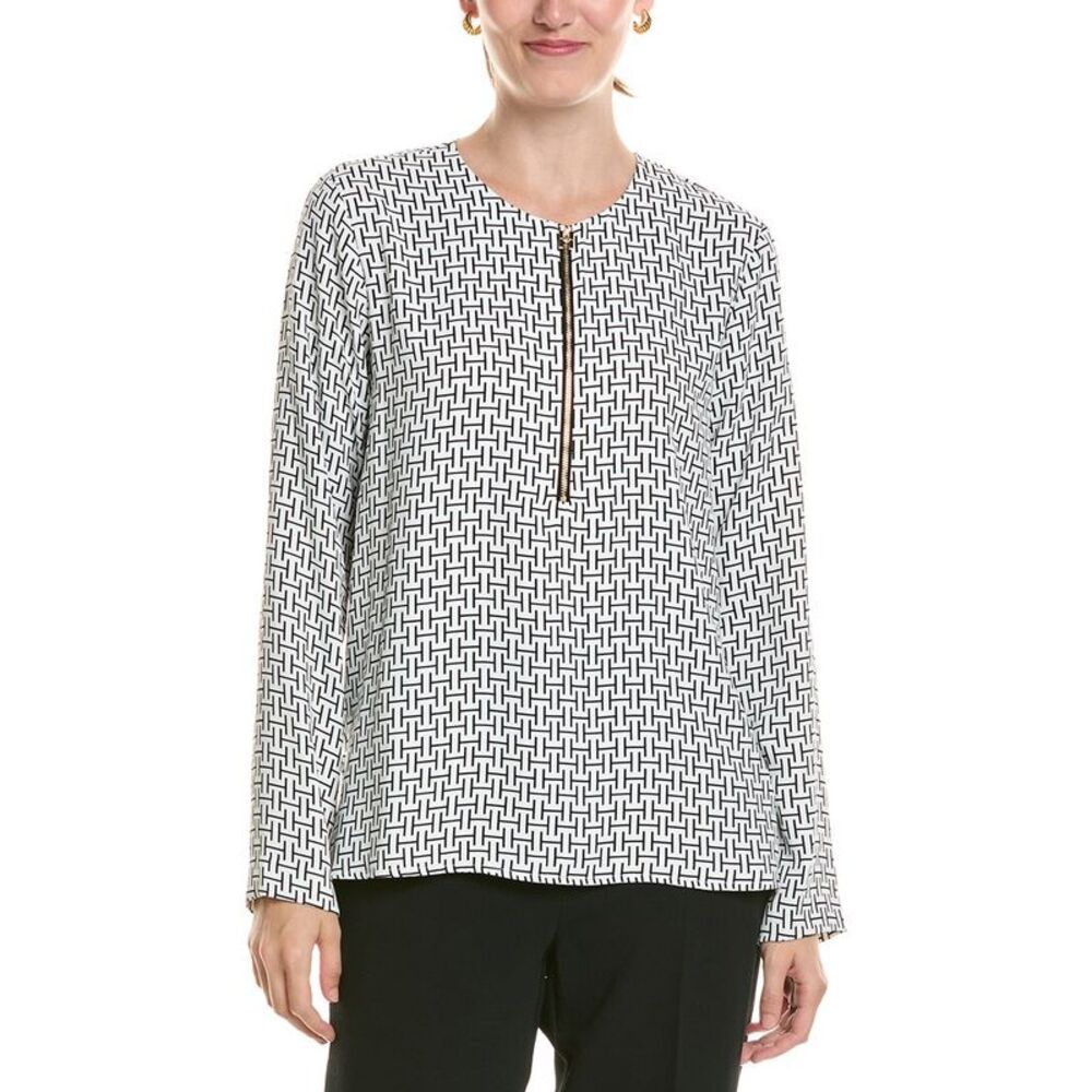 Halston Womens Logo Zip-Up V-Neck Blouse, White